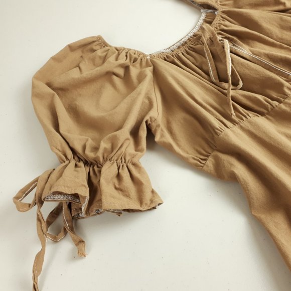 Camel Puff Sleeve Square Neck Summer Dress - Picture 4 of 13